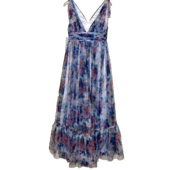 NWT Mac Duggal 113312 FLORAL PRINT RUCHED SOFT TIE SLEEVELESS GOWN BLUE MULTI - Picture 6 of 9
